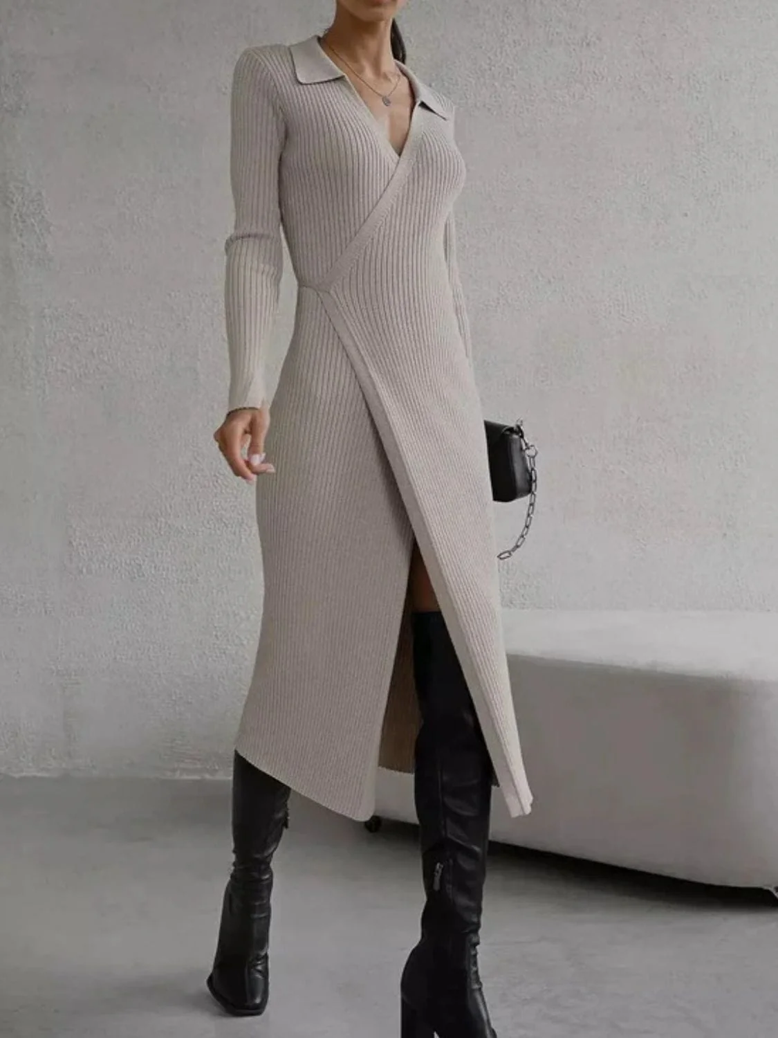 Gray Ribbed Tied Collared Neck Long Sleeve Sweater Dress