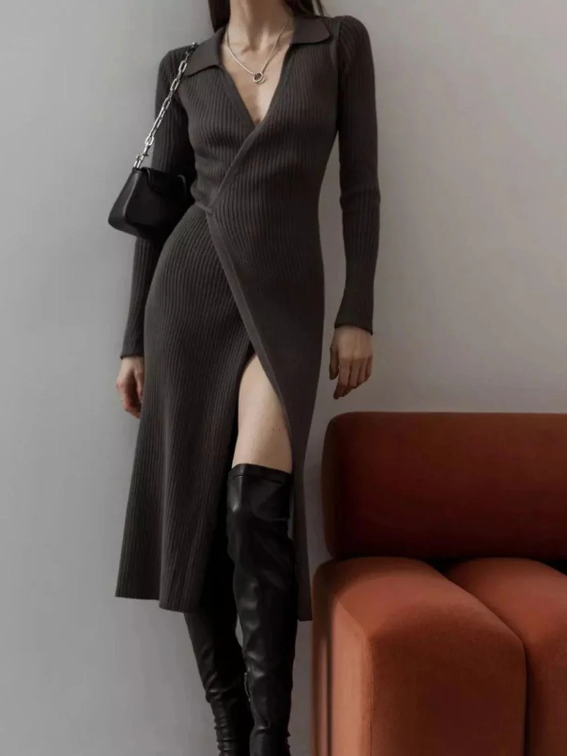Gray Ribbed Tied Collared Neck Long Sleeve Sweater Dress - Image 5