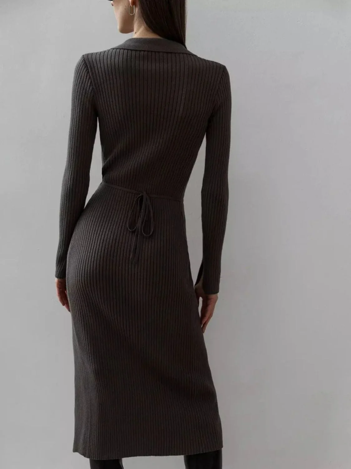 Gray Ribbed Tied Collared Neck Long Sleeve Sweater Dress - Image 6