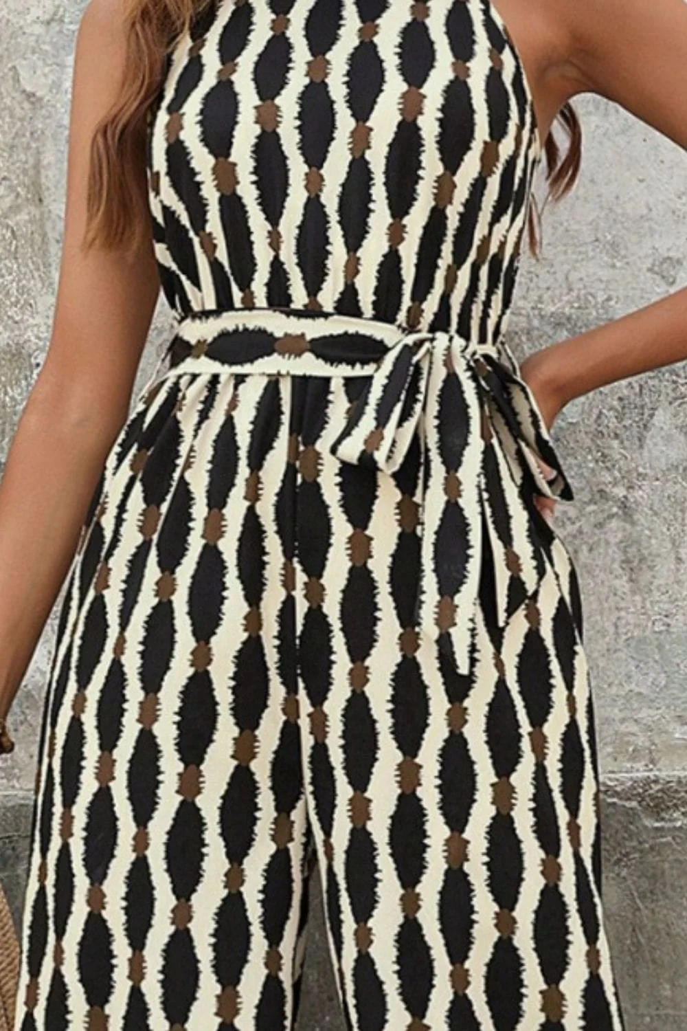 Black & Cream Printed Tie Waist & Grecian Neck Jumpsuit - Image 3