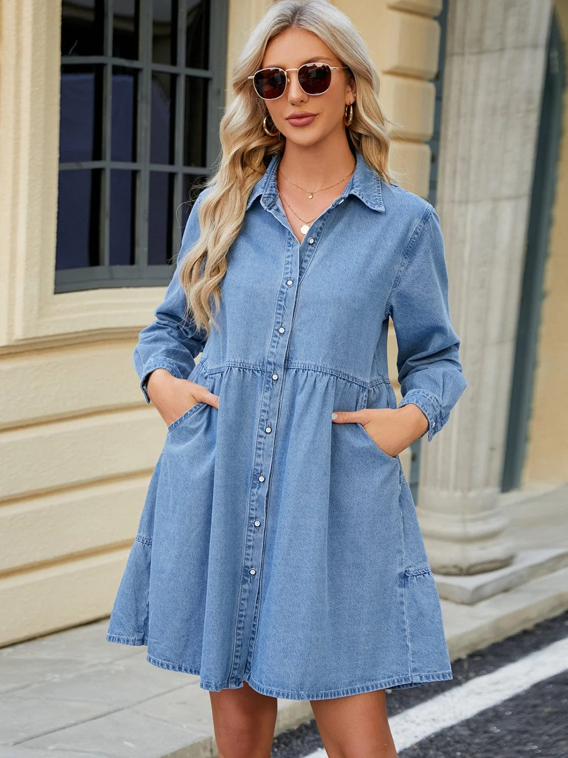 Blue Denim Tiered Button Up Long Sleeve Dress - Image 4
