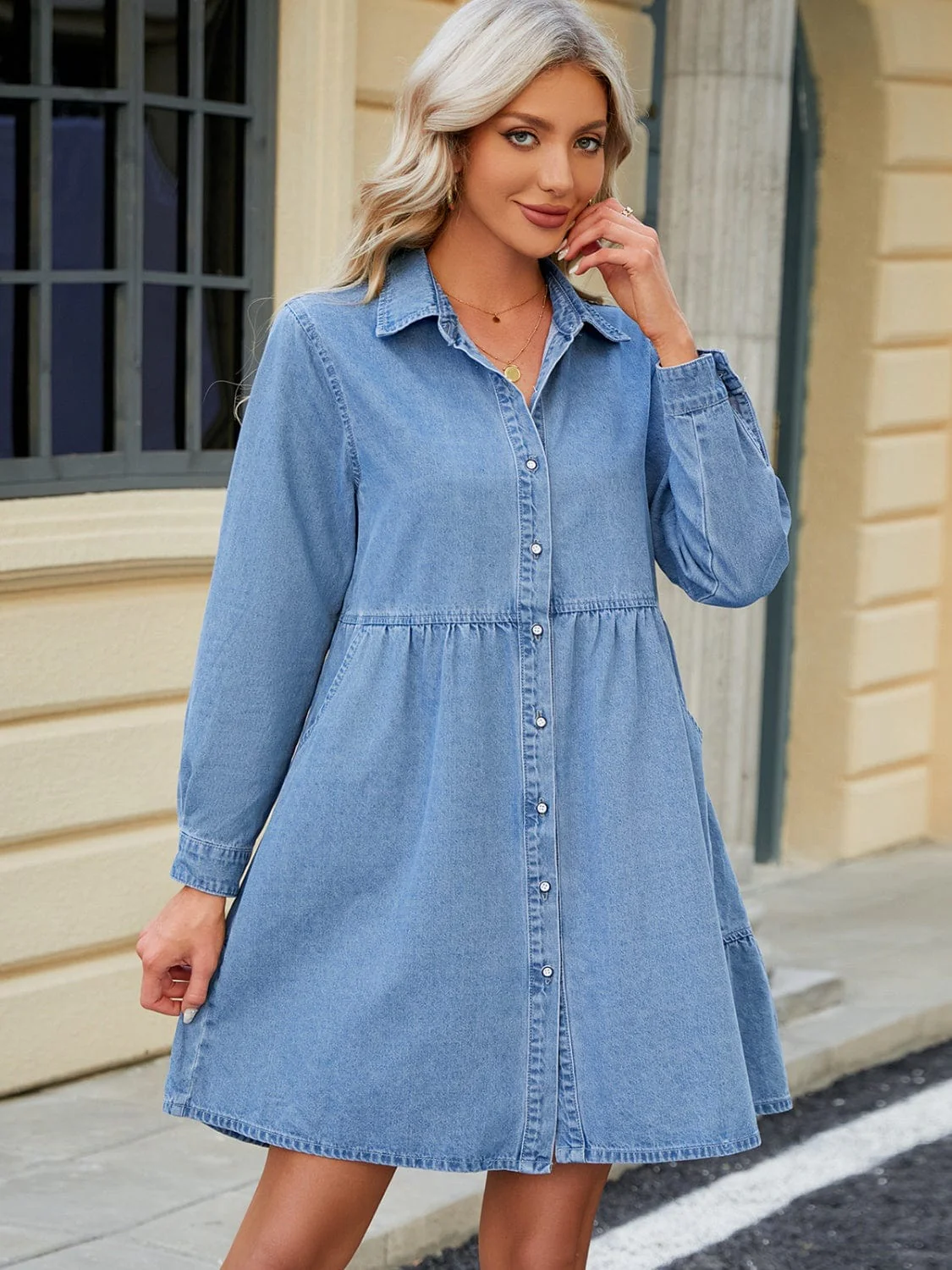 Blue Denim Tiered Button Up Long Sleeve Dress - Image 5