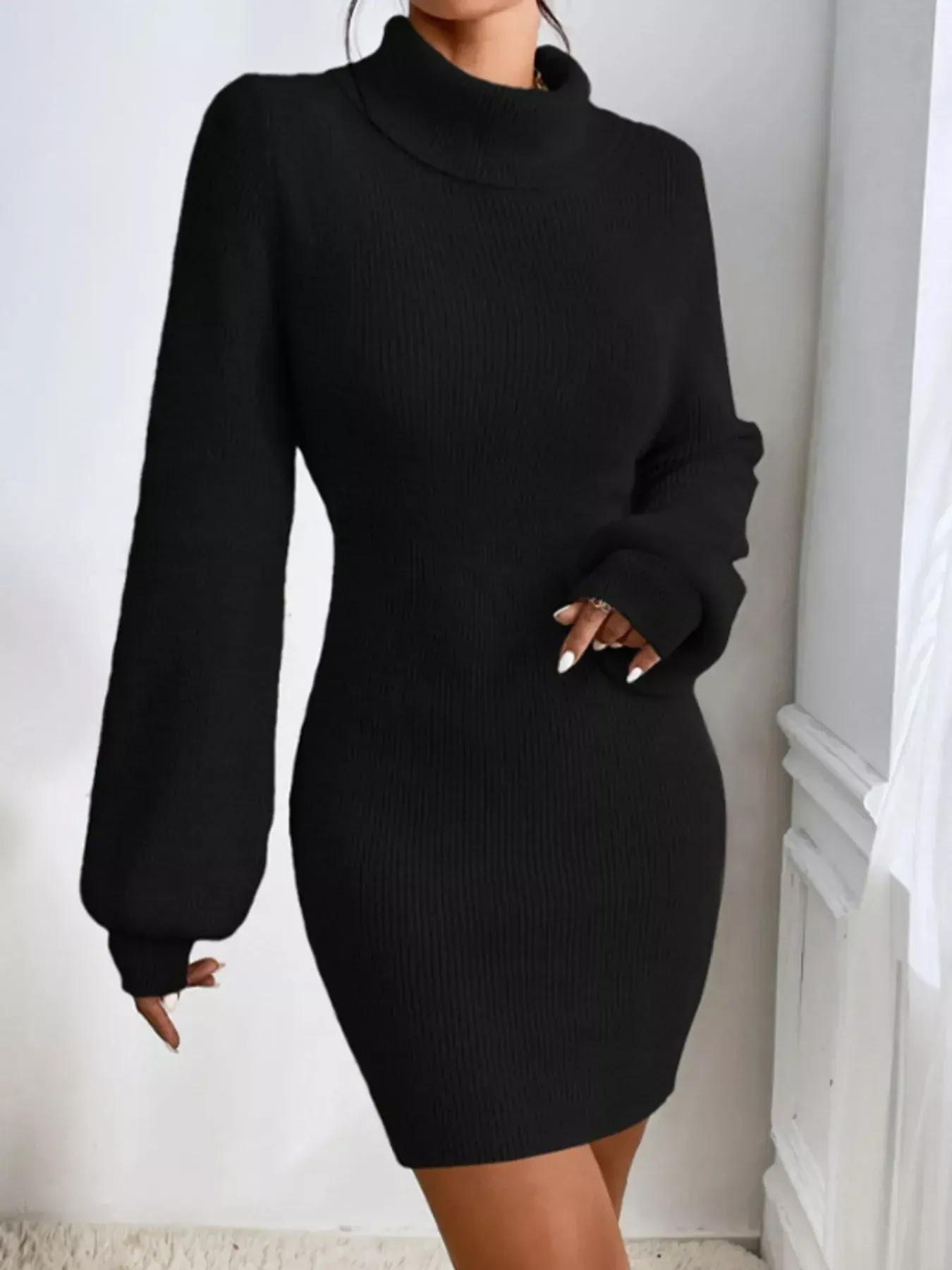 Cream Beige Turtleneck Ribbed Knit Short Sweater Dress - Image 15