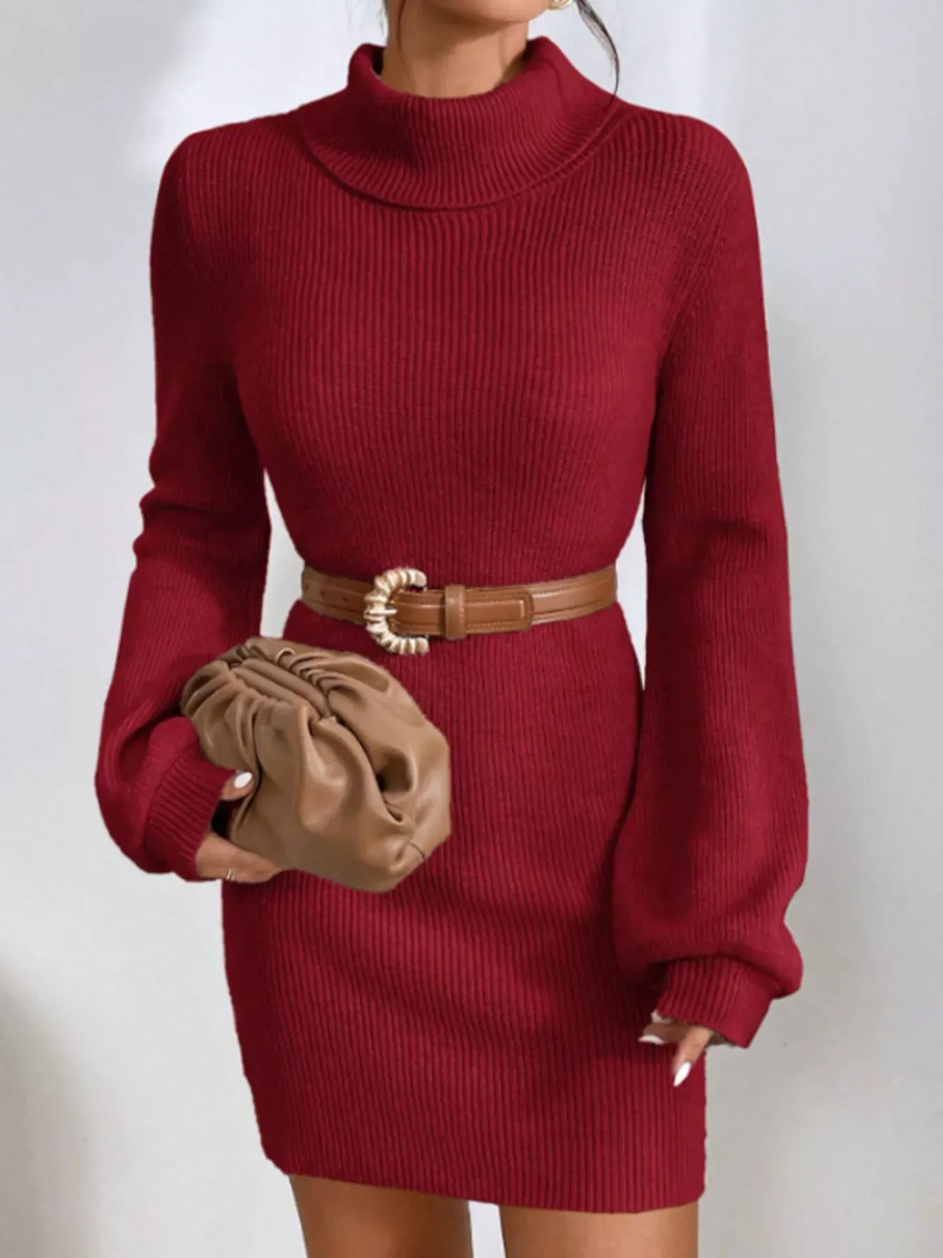 Cream Beige Turtleneck Ribbed Knit Short Sweater Dress - Image 23