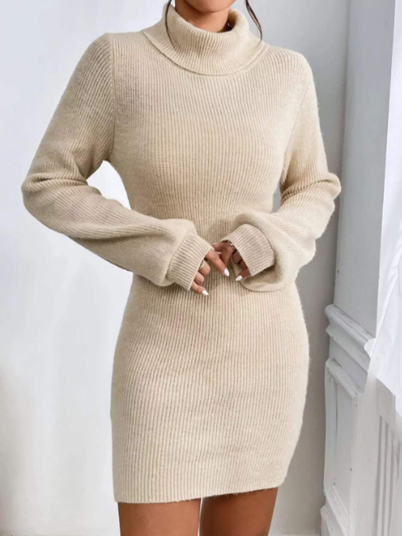 Cream Beige Turtleneck Ribbed Knit Short Sweater Dress - Image 4