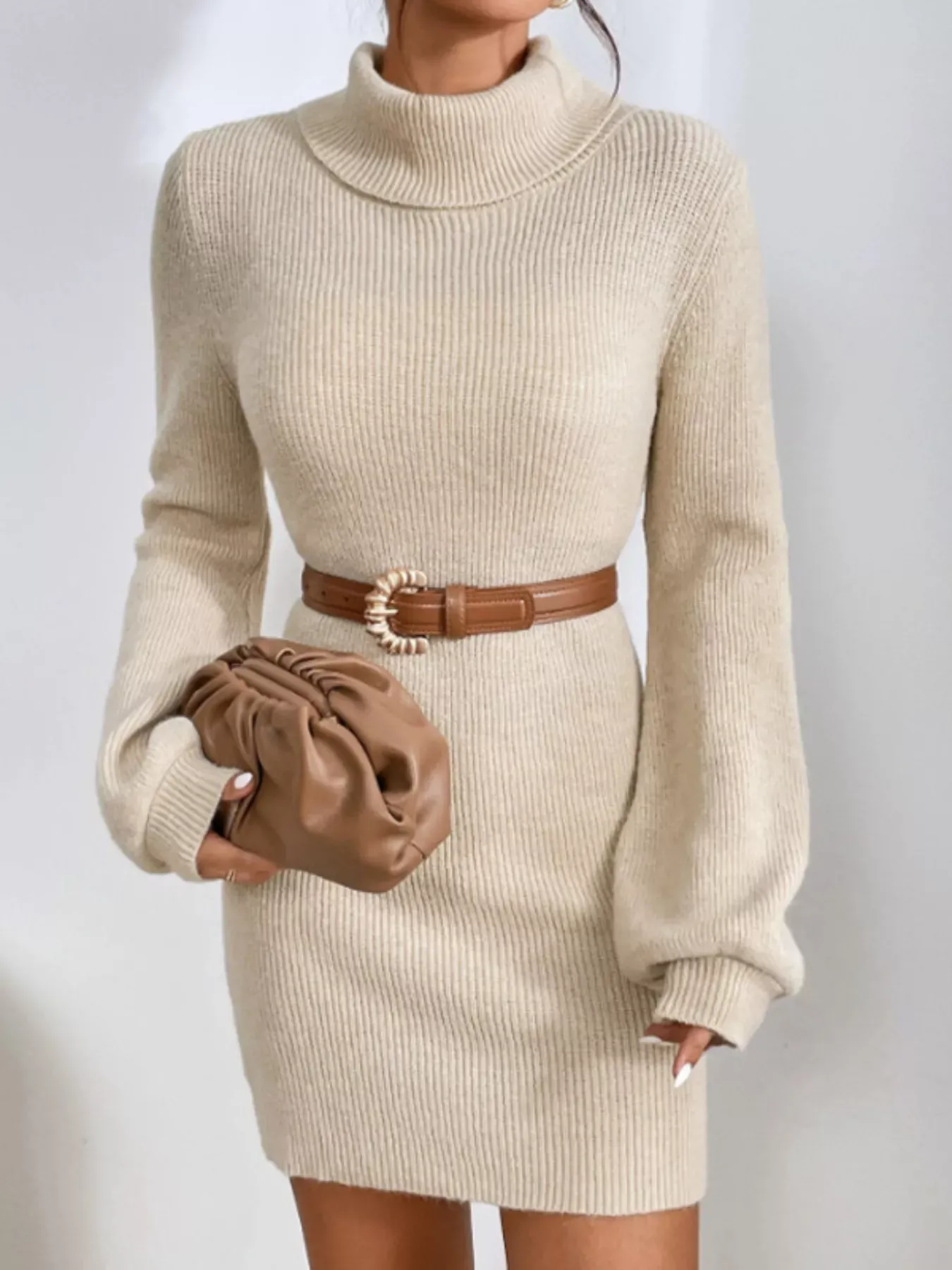 Cream Beige Turtleneck Ribbed Knit Short Sweater Dress - Image 7