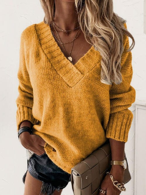 V-Neck Long Sleeve Knit Top - Image 19
