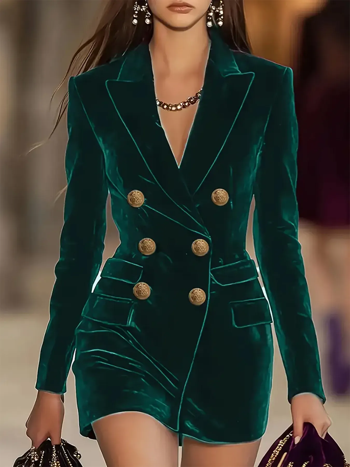 Green Velvet Double-Breasted Blazer Dress (Also Plus Size)