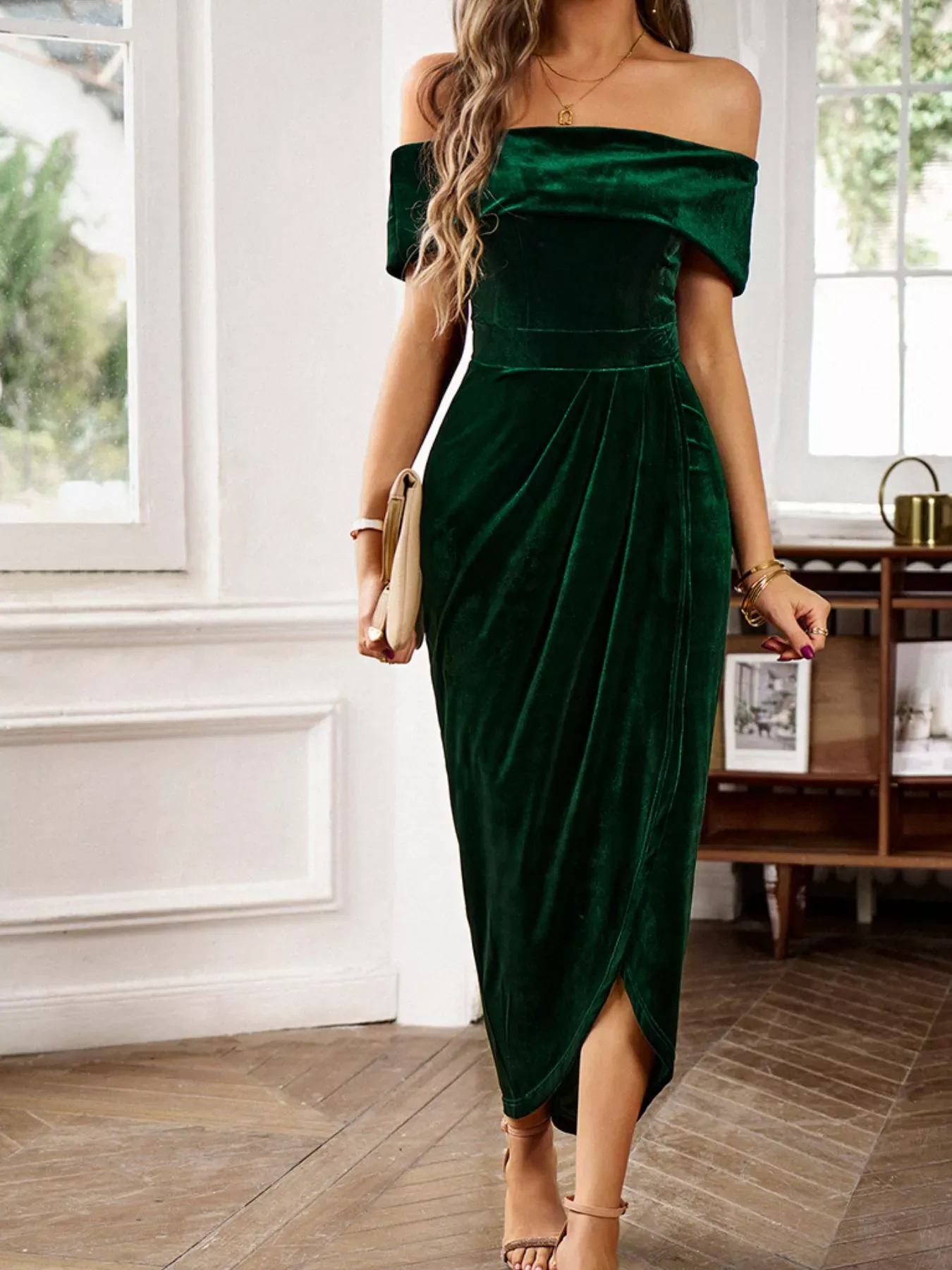 Royal Blue Velvet Off-Shoulder Ruched Midi Dress - Image 10