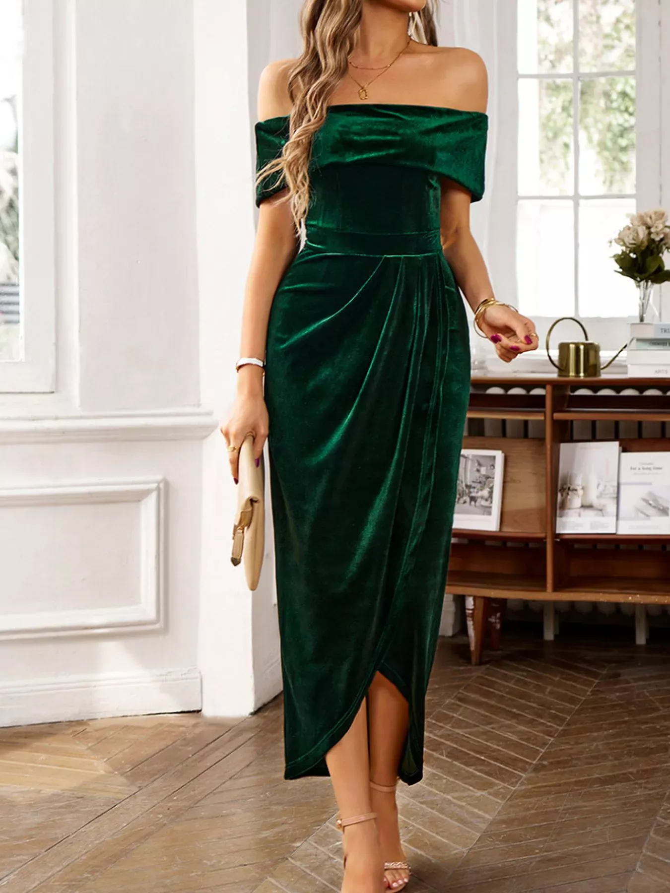 Royal Blue Velvet Off-Shoulder Ruched Midi Dress - Image 12
