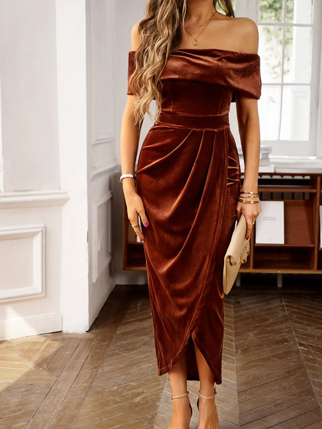 Royal Blue Velvet Off-Shoulder Ruched Midi Dress - Image 17