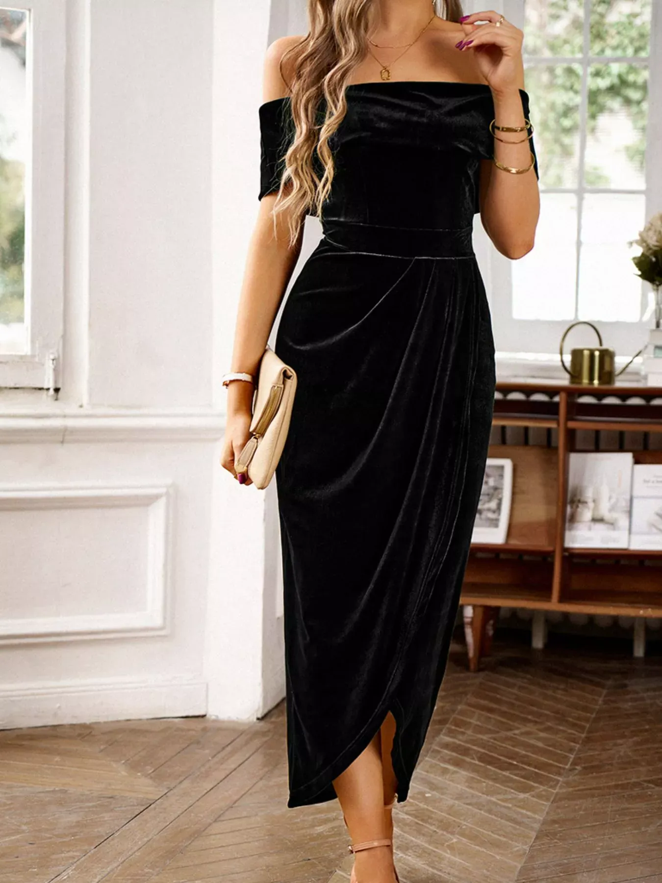 Royal Blue Velvet Off-Shoulder Ruched Midi Dress - Image 26