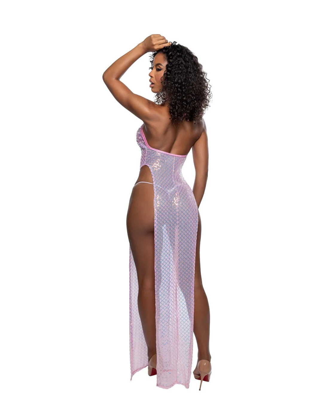 White Diamond Sequin Mesh Halter Maxi Dress w/ High Slits Festival Ravewear - Image 8