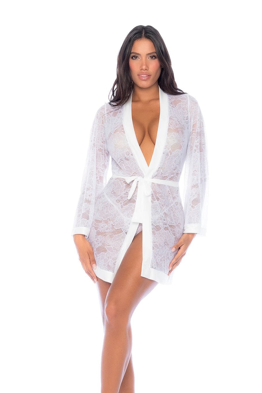 Plus Size White Floral Sheer Lace Long-Sleeve Short Robe Lingerie - Image 4