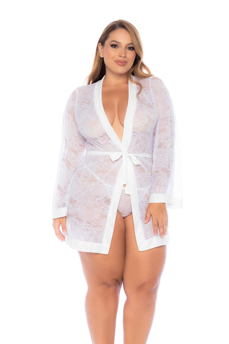 Plus Size White Floral Sheer Lace Long-Sleeve Short Robe Lingerie - Image 3