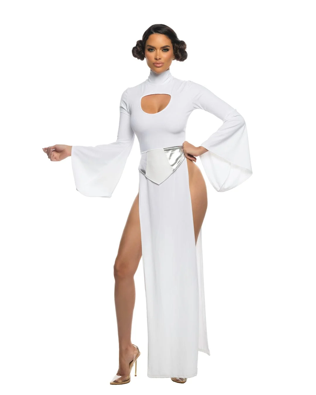 White Galaxy Heroine Turtleneck Long-sleeve High Slits Long Knit Gown & Silver Belt Cosplay Costume