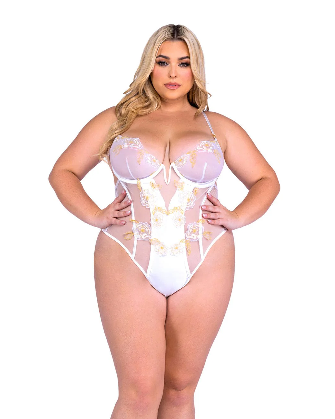 Plus Size White Peony Paradise Lace Satin Thong Teddy Lingerie