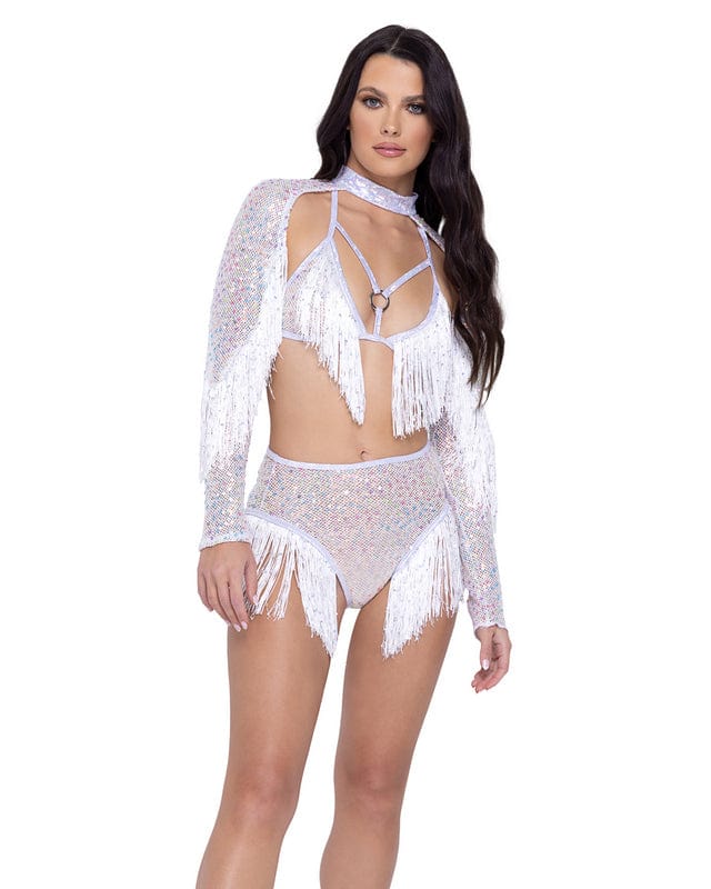White Sequin Fishnet w/ Fringe High-Waisted Shorts Festival Ravewear