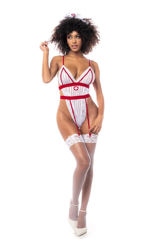 White Sheer Lace & Red Trim Thong Bodysuit w/ Garter Belt & Headpiece Nurse Lingerie Costume