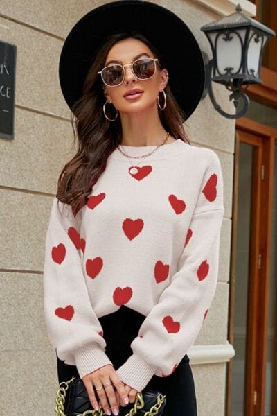 Woven Right Heart Pattern Lantern Sleeve Round Neck Tunic Sweater - Image 6