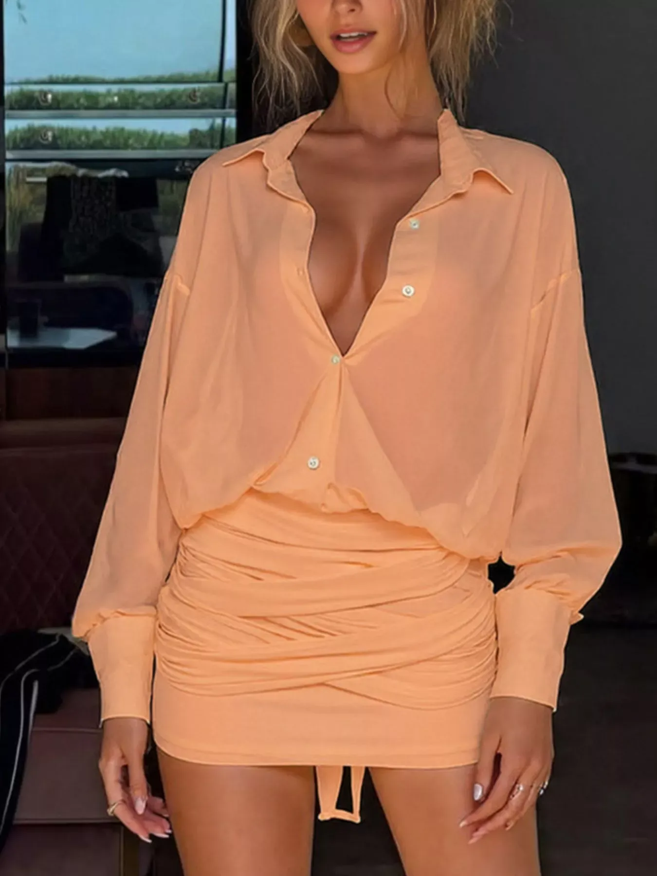Yellow Sheer Button-Down Mini Shirt Dress with Back Tie - Image 12