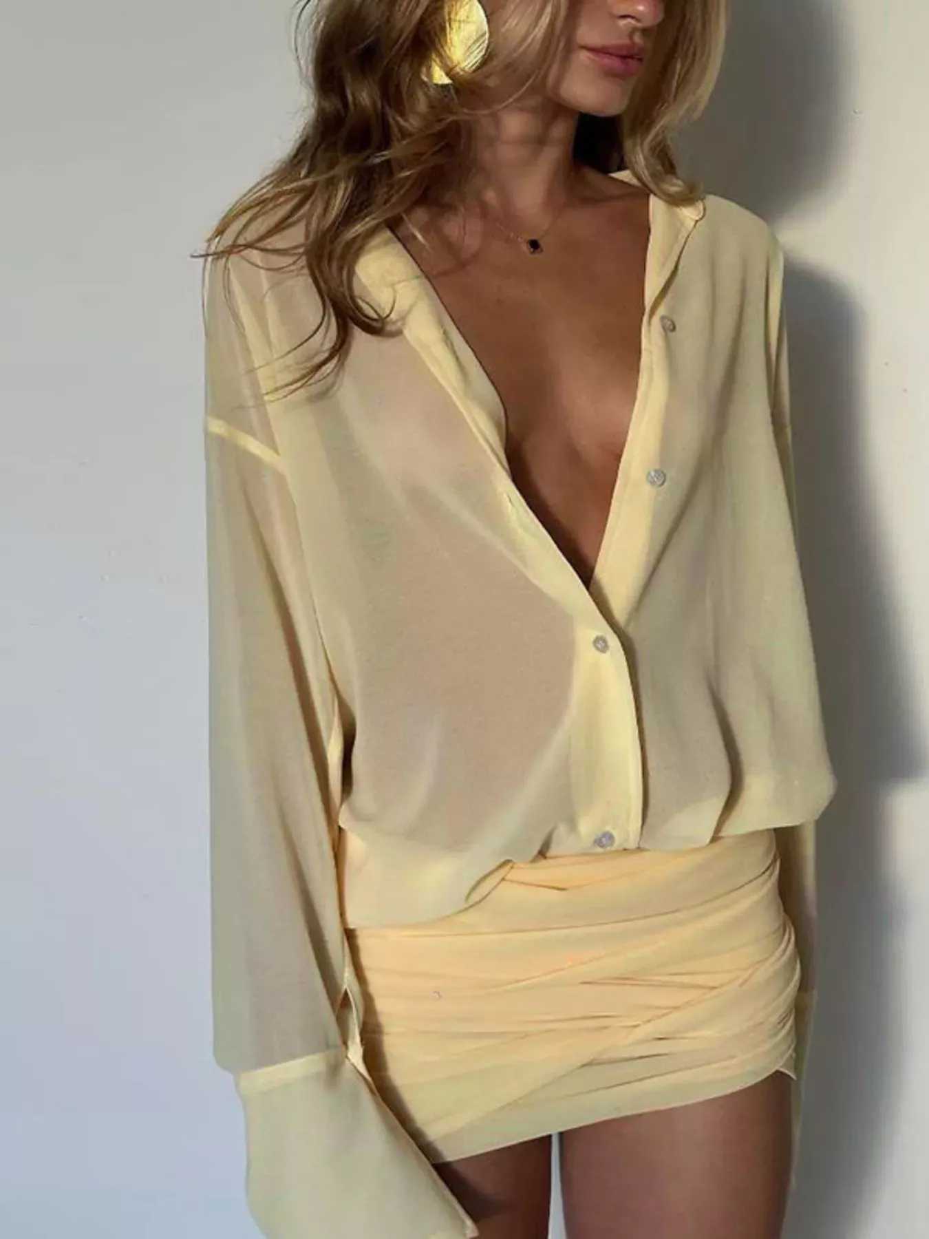 Yellow Sheer Button-Down Mini Shirt Dress with Back Tie - Image 4