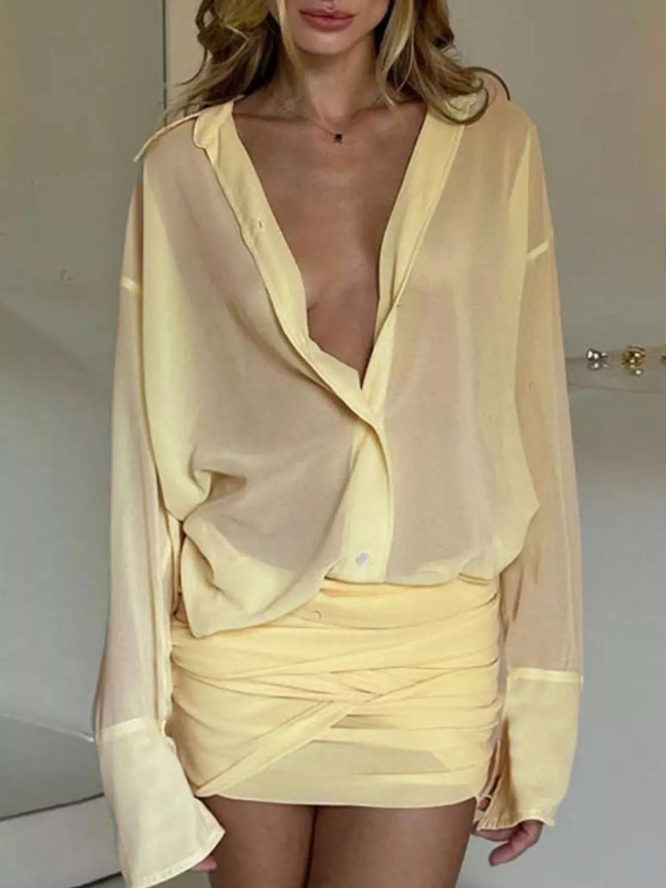 Yellow Sheer Button-Down Mini Shirt Dress with Back Tie - Image 5